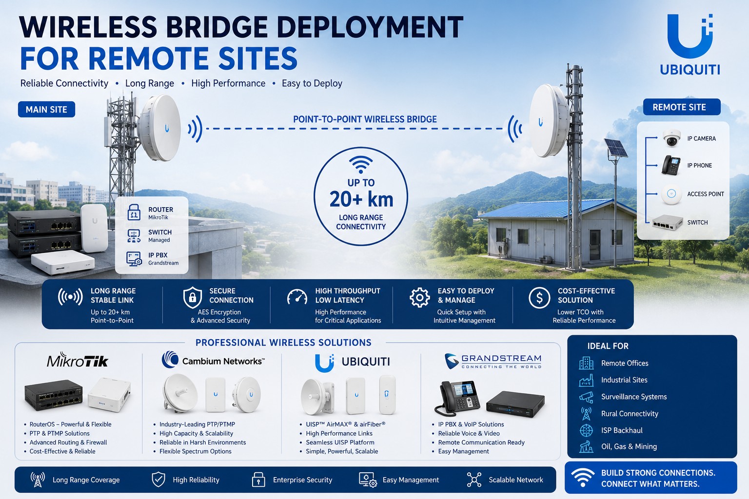 Wireless Bridge Deployment for Remote Sites | MikroTik, Cambium, Ubiquiti & Grandstream Solutions